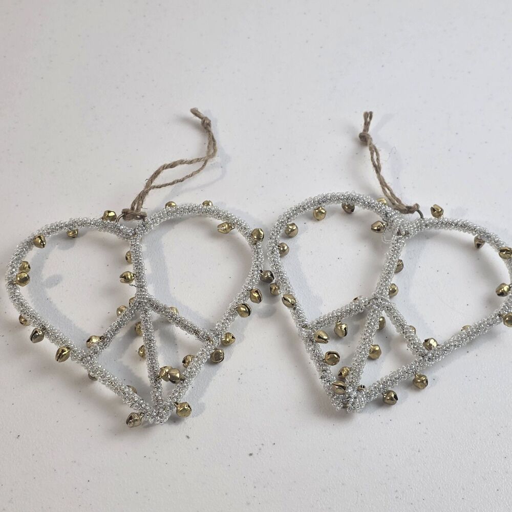 Pottery Barn Jingle Bell Heart Peace Sign Christmas Ornament Set Of 2 EUC Xmas